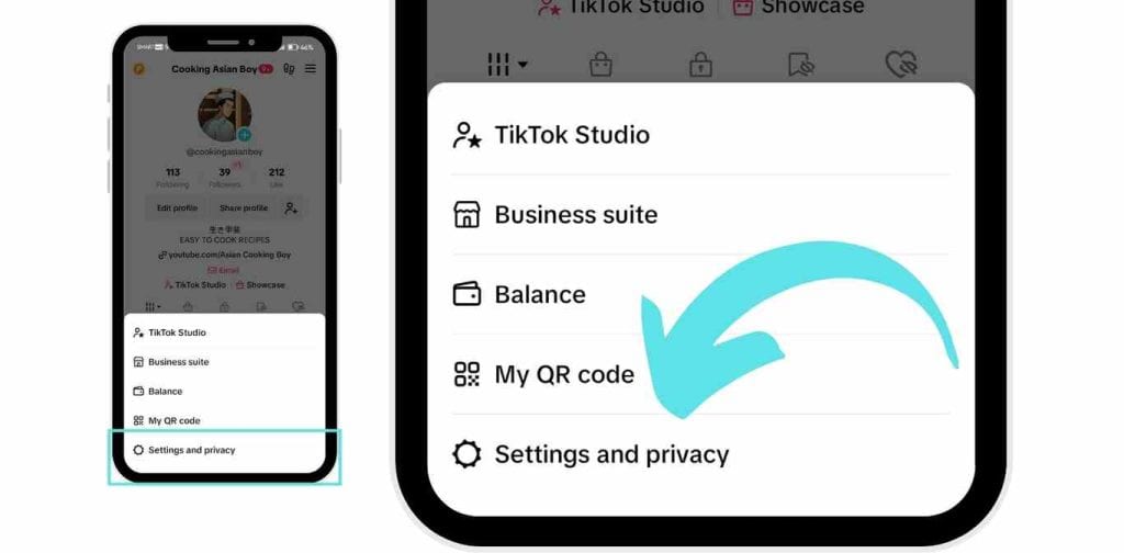 TikTok profile screen showing the expanded menu with options, and an arrow highlighting 'Settings and privacy' at the bottom.