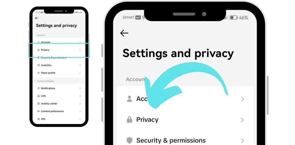 TikTok settings menu with an arrow pointing to the 'Privacy' option in the list.