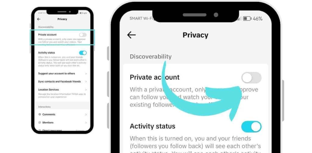 TikTok privacy settings screen with an arrow pointing to the 'Private account'.