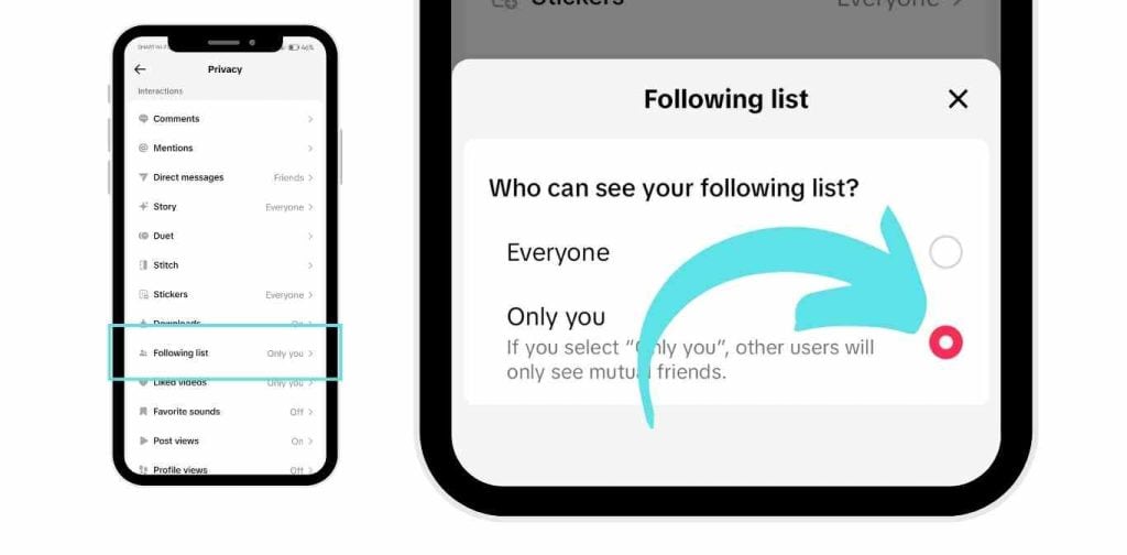 TikTok privacy settings screen displaying options for who can view the following list, with an arrow pointing to the 'Only you' selection.