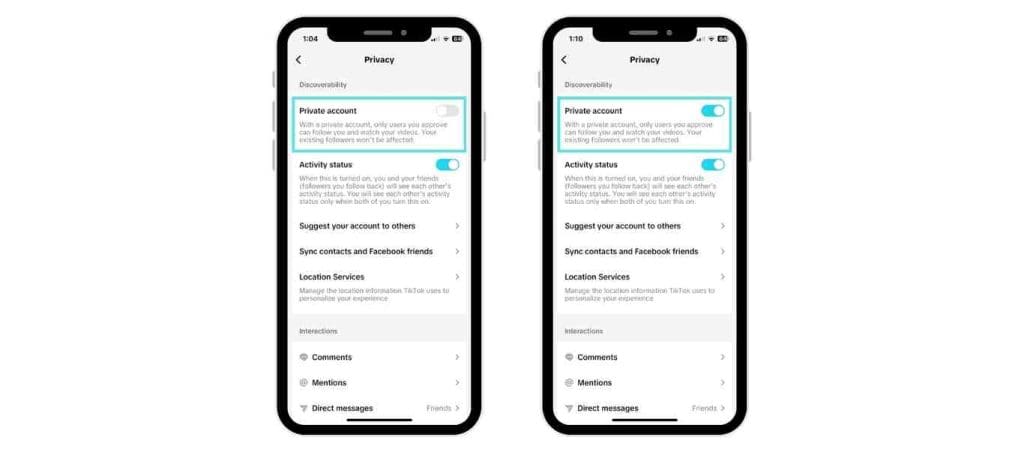 TikTok "private account' and 'public account' setting