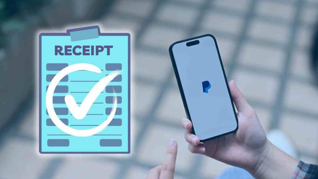 how to confirm receipt paypal: Person holding a phone displaying the PayPal logo, with a large receipt icon overlayed on the left side.