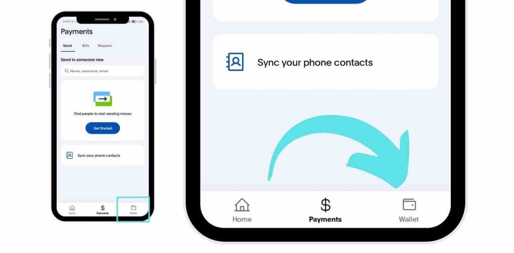 how to confirm receipt paypal: Payments screen on a mobile app with an arrow pointing to the 'Wallet' option in the bottom navigation bar.