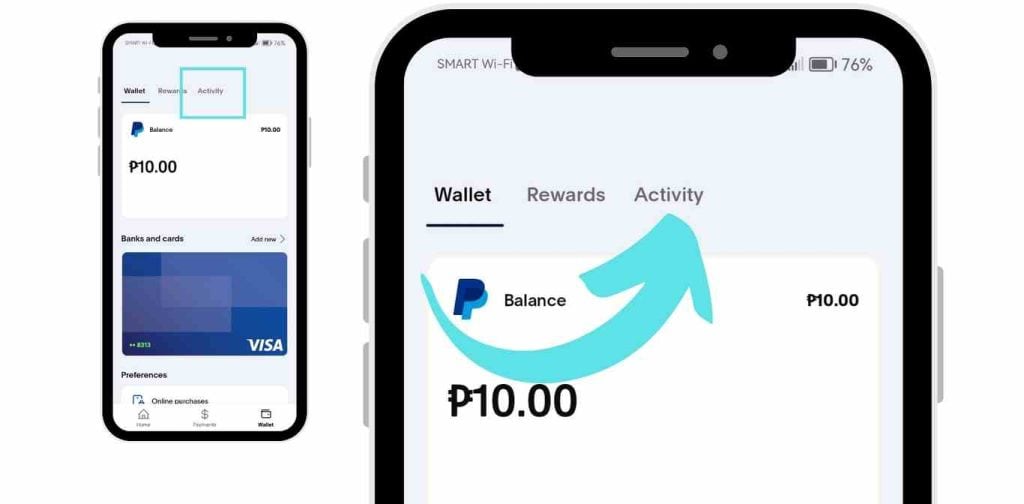 how to confirm receipt paypal: Wallet screen showing balance with an arrow pointing to the 'Activity' tab for transaction history.