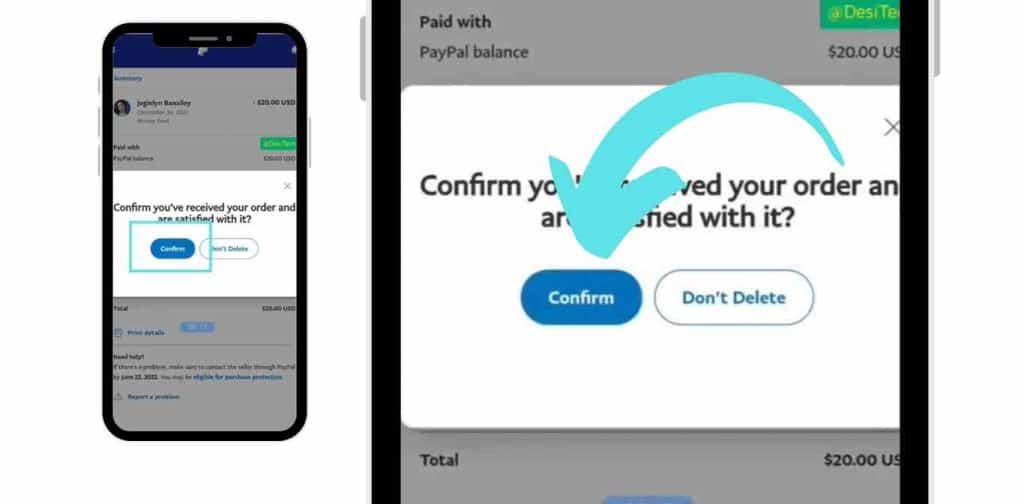 Transaction summary screen with an arrow pointing to the 'Confirm Receipt' button.