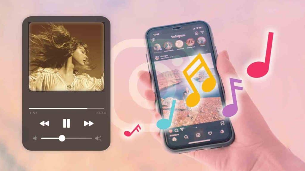 best music for instagram stories: Hand holding a smartphone displaying an Instagram feed, with colorful musical notes around it