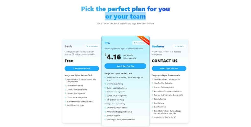 Camcard pricing plan