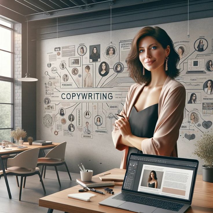 Woman standing next to her laptop happy with her copywriting job