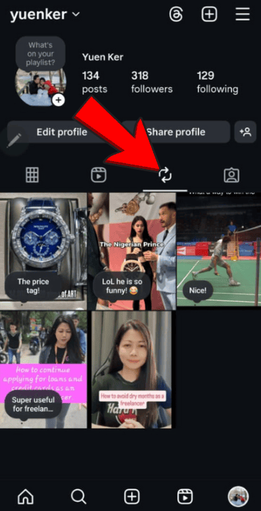 the new Reposts tab