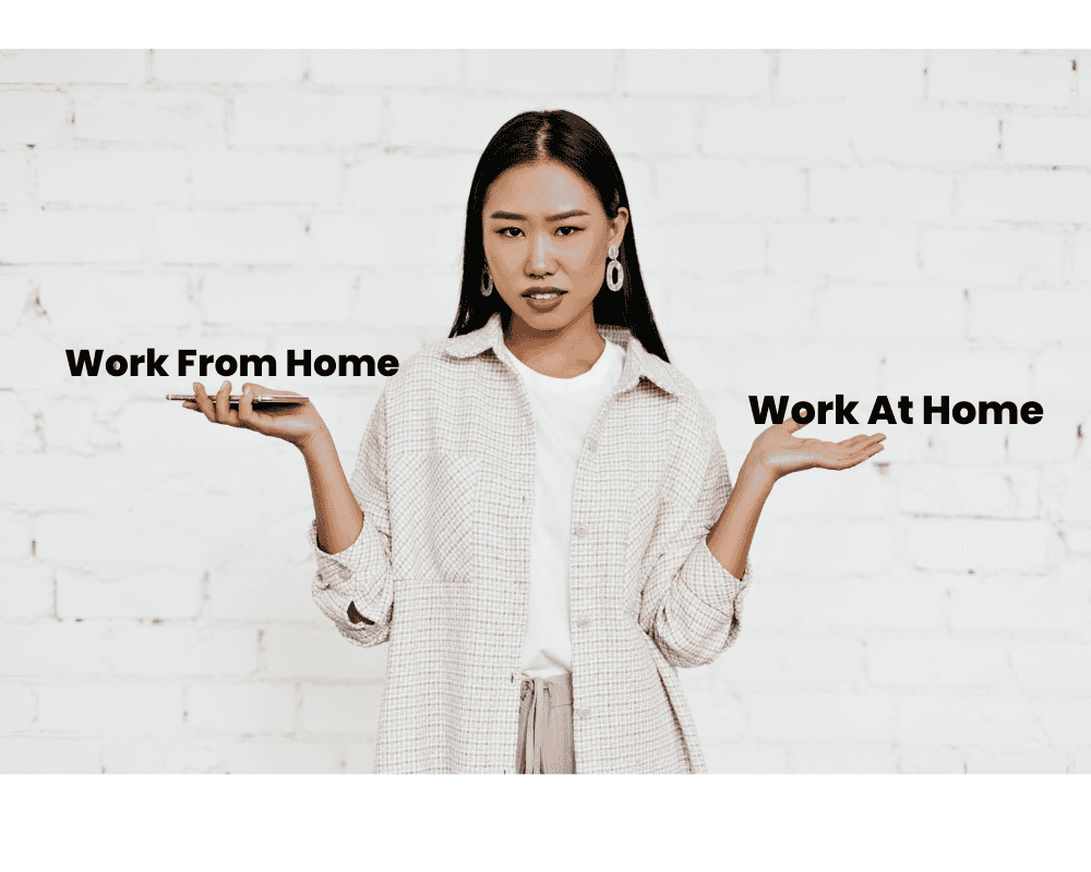 Woman trying to decide between Work From Home Vs Work At Home