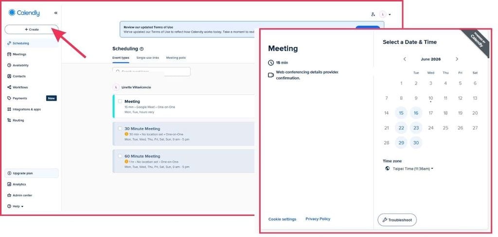 Calendly user interface dashboard and calendar screenshot