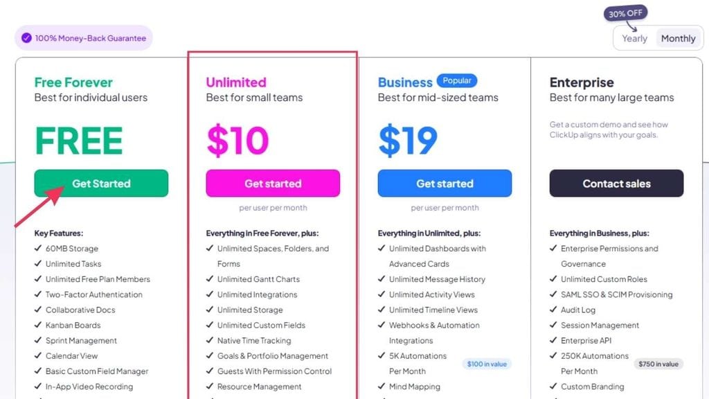 ClickUp pricing plans and subscription tier