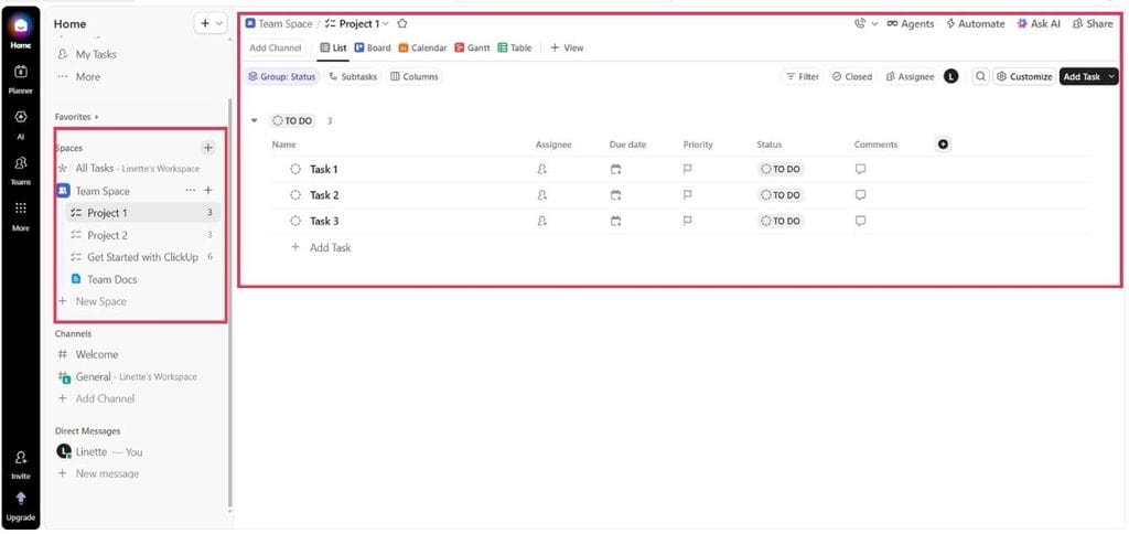 ClickUp project management dashboard screenshot