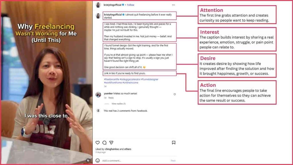 Instagram caption example showing how AIDA copywriting is used in a social media post.