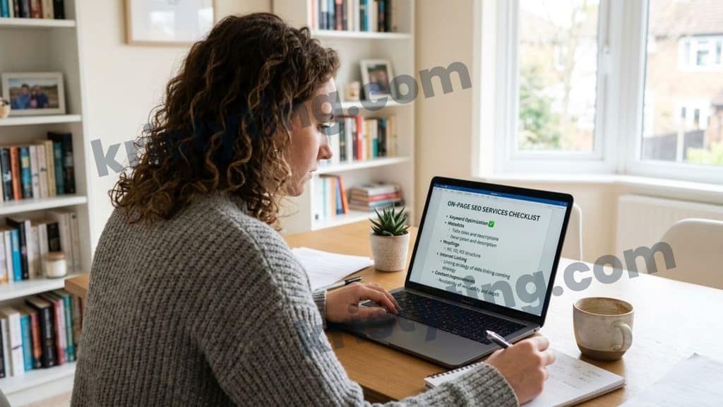 Freelancer reviewing on page SEO services checklist on a laptop, including keyword optimization, metadata, headings, internal linking, and content improvements.
