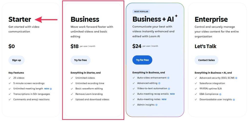 Loom pricing plans including free and paid options