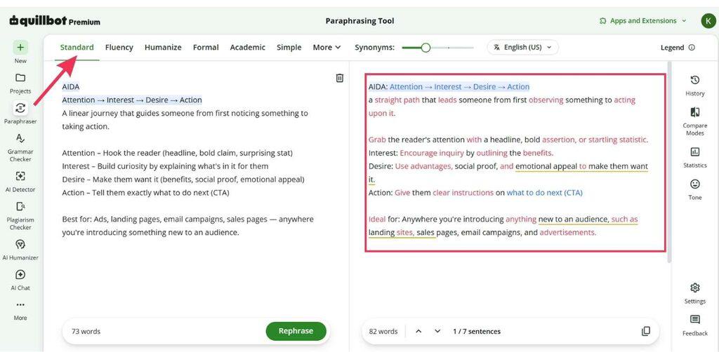 QuillBot paraphrasing and editing tool interface screenshot