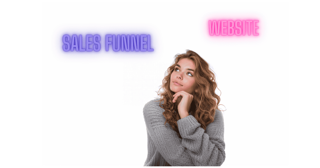 Sales Funnel Versus Website: Girl looking at the Sales Funnel word while Website hovers over her head on the other side