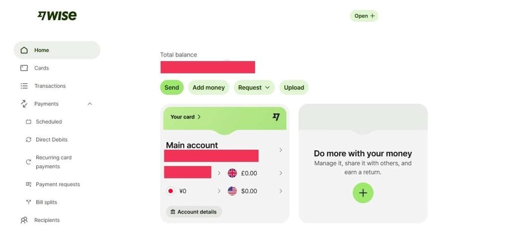 Wise payment account and multi-currency wallet interface screenshot