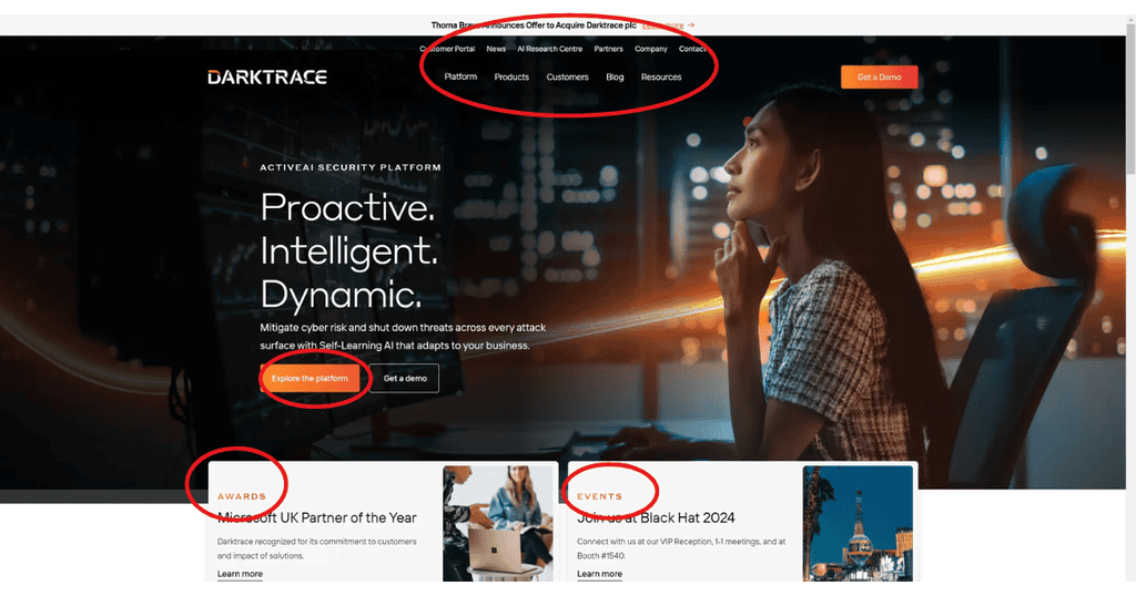 Sales Funnel versus Website: Red circles on a website sample highlighting what one would expect of a website