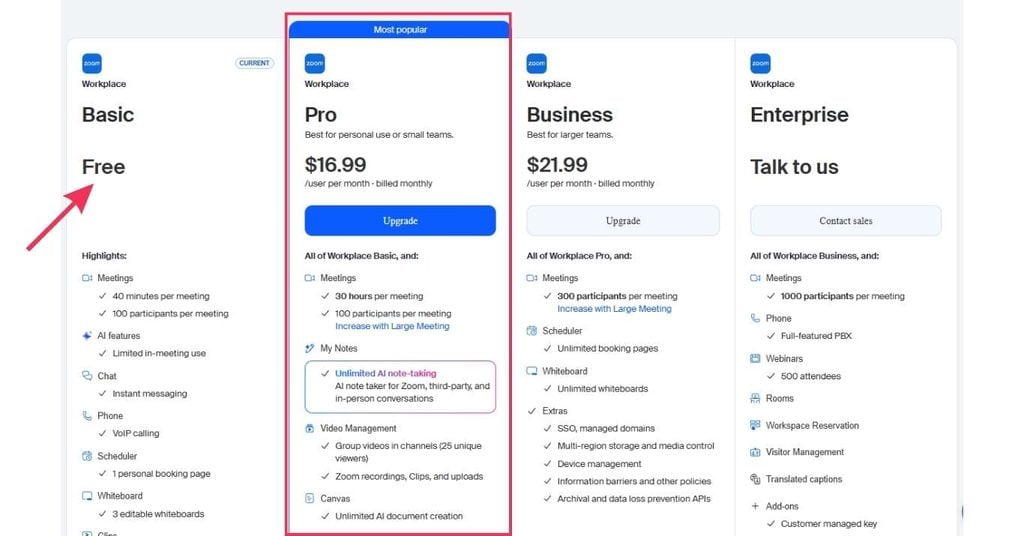 Zoom pricing plans including free and paid tiers