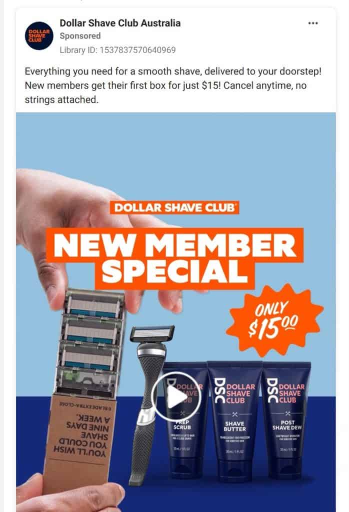 Ad copywriting samples - Dollar Shave Club Australia promotes a cheap startup kit with doorstep delivery and a subscription.