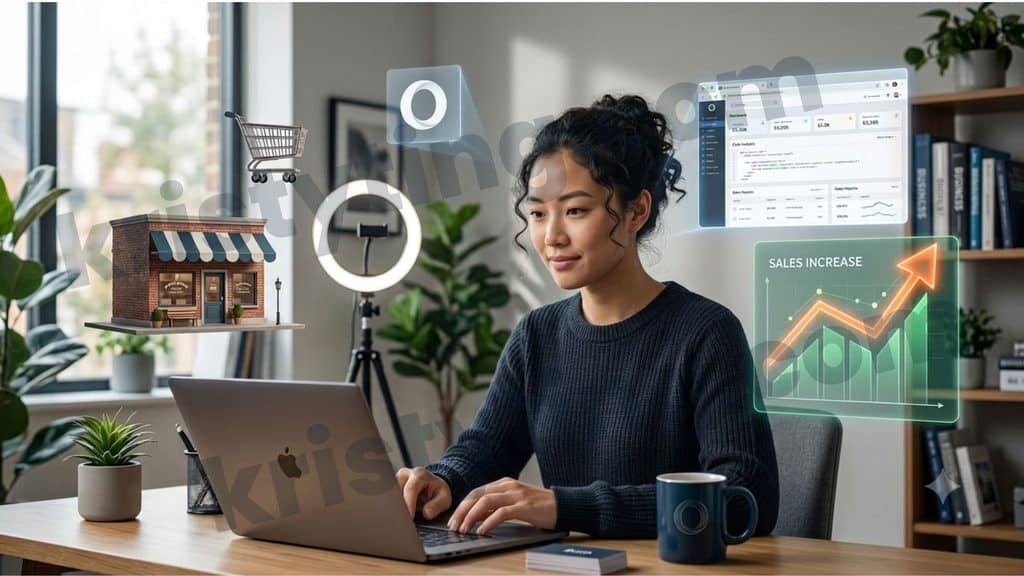 Freelancer working from a home office table with business analytics and online store dashboards displayed on screen.