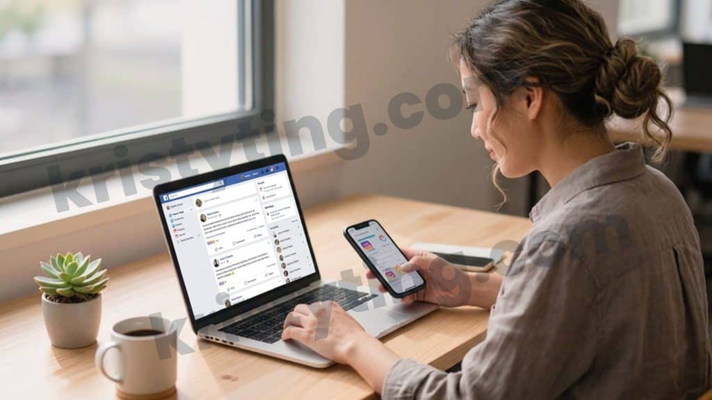 Freelancer managing social media accounts on a laptop while using a smartphone at a home office.