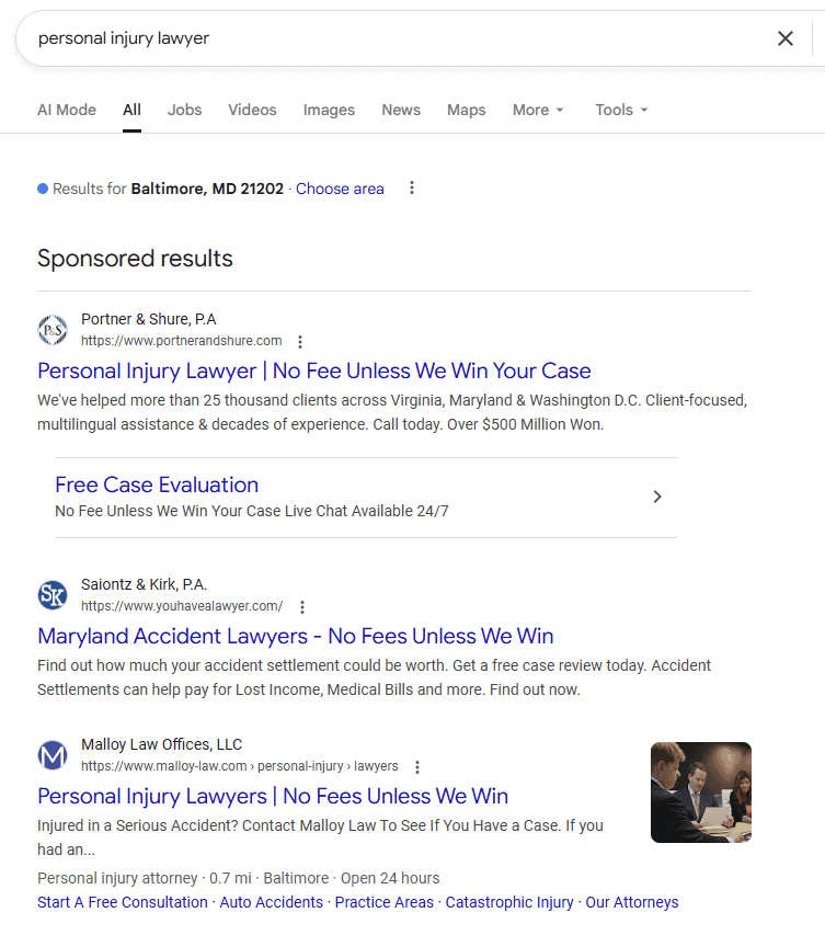 Image depicts Google ads from Law Firms handling personal injuries.