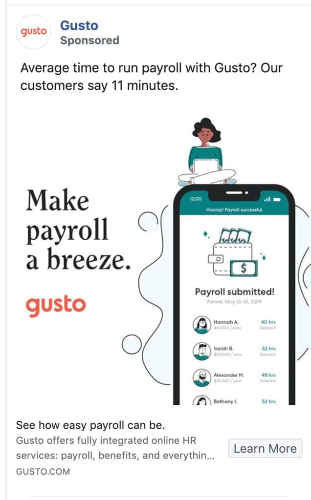 Gusto's ads say make payroll a breeze - ad copywriting samples