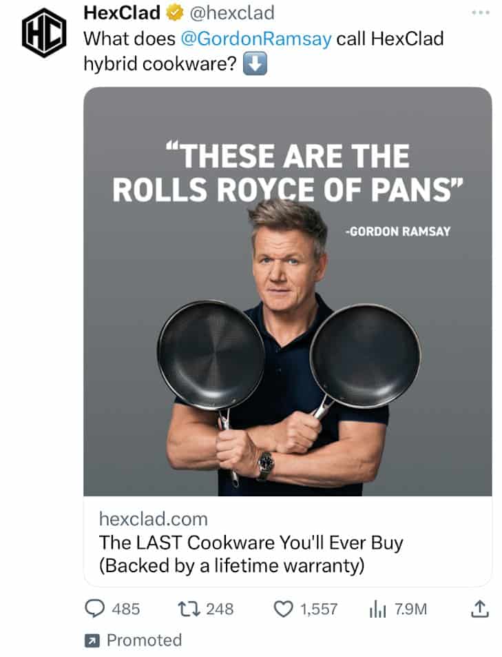 Hexclad Cookware's ad copywriting sample - image shows Gordon Ramsay endorsing and calling these the Rolls Royce of pans.