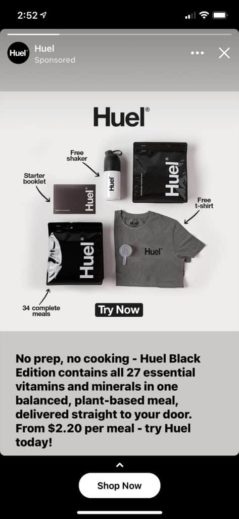 Huel's ad shows you convenience and effectiveness, and how most busy people on the go will want to use it mainly because it's so convenient.