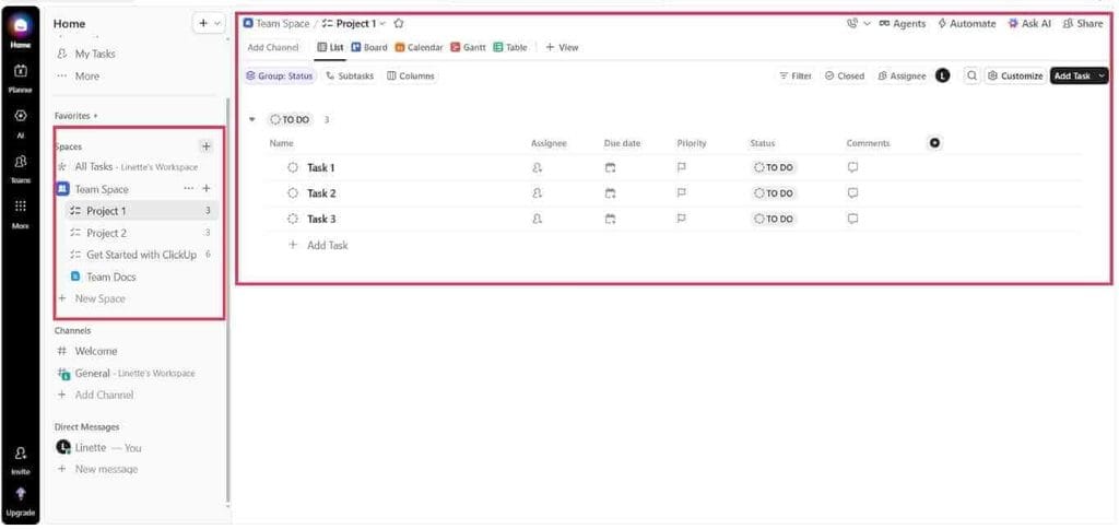 ClickUp project management dashboard screenshot