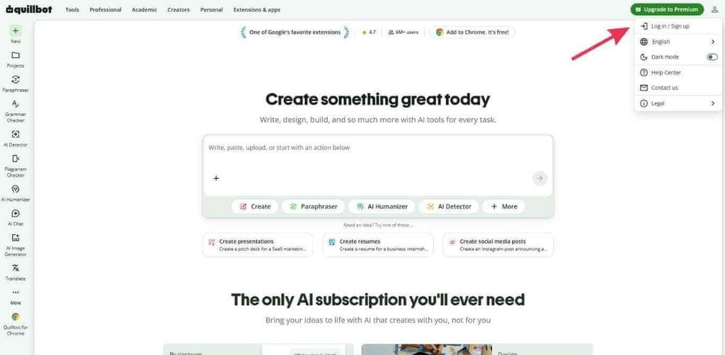 QuillBot dashboard