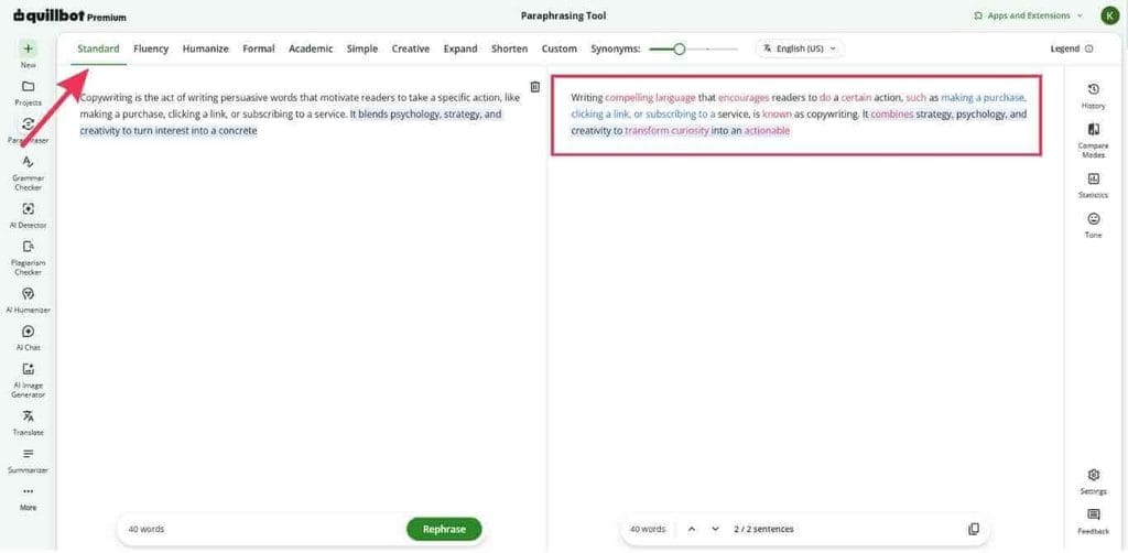 QuillBot paraphrasing and editing tool interface screenshot