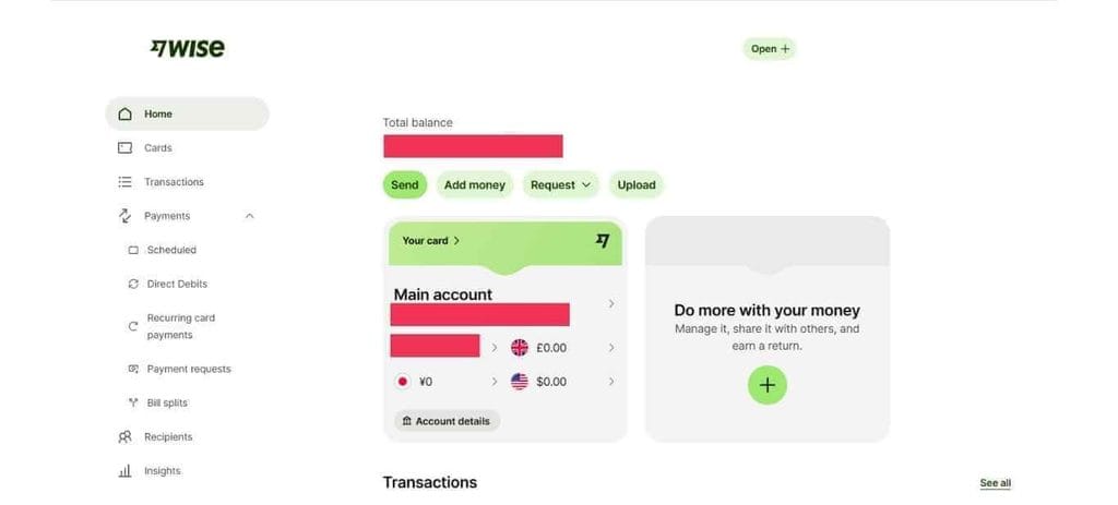 Wise payment account and multi-currency wallet interface screenshot