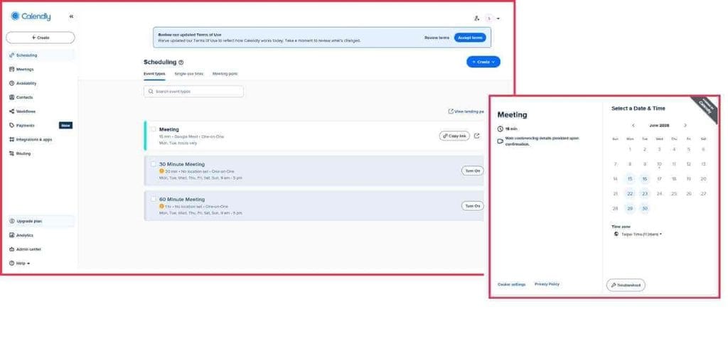 Calendly user interface dashboard and calendar screenshot