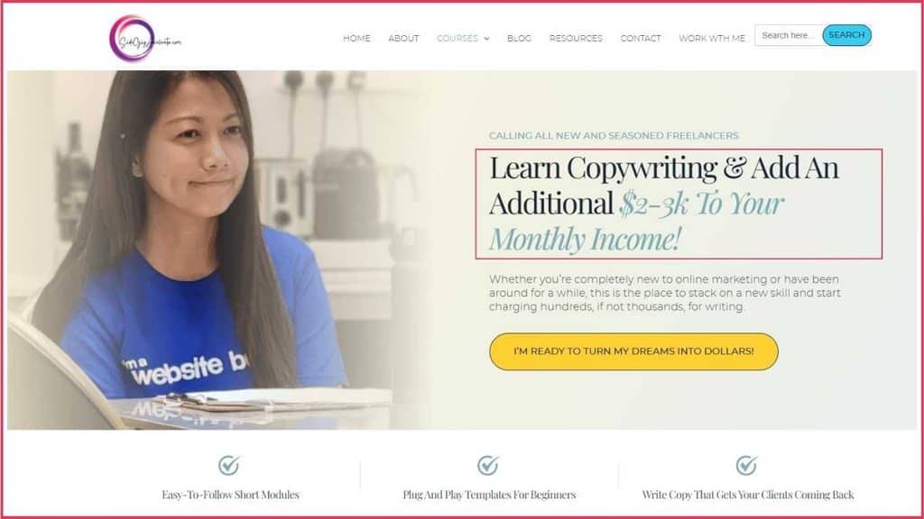 AIDA Copywriting: Copywriting Society landing page headline promising freelancers an additional $2–3k in monthly income.