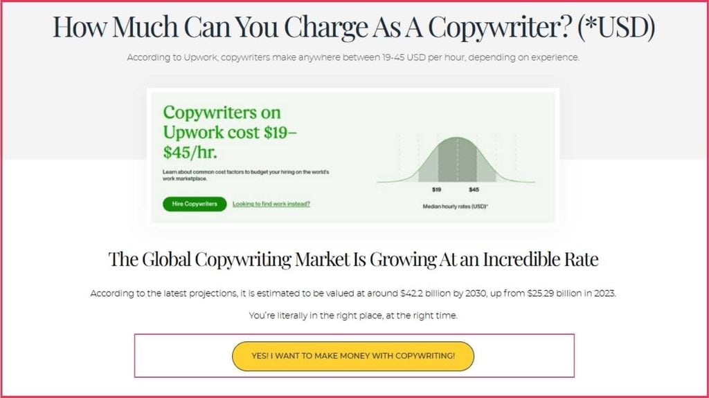 AIDA Copywriting: Copywriting Society landing page with a call-to-action button encouraging visitors to join the course.
