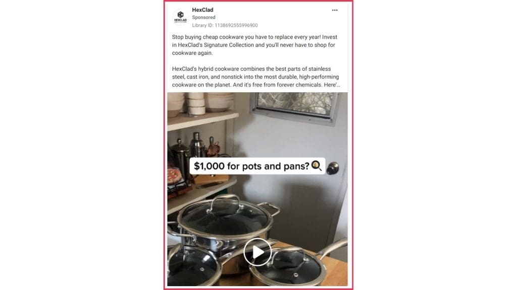 Ad copywriting sample from HexClad's Facebook ad asking "$1,000 for pots and pans?" for durable cookware