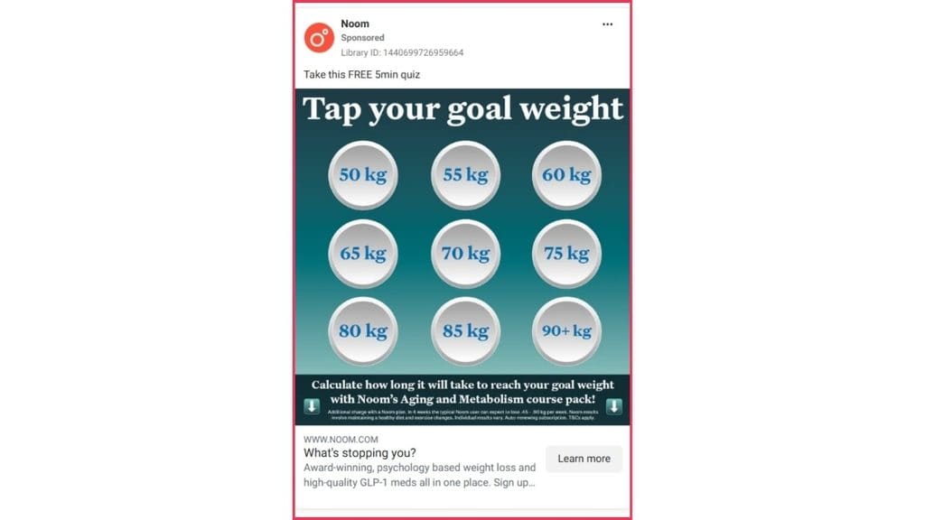 Ad copywriting sample from Noom's Facebook ad with interactive "Tap your goal weight" quiz format