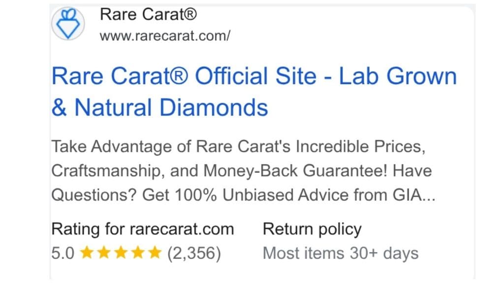 Ad copywriting sample from Rare Carat's Google Ads copy highlighting lab-grown diamonds and 5-star ratings
