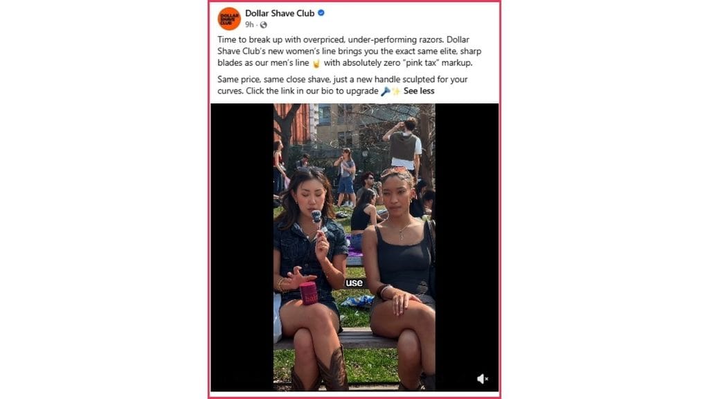 Ad copywriting sample from Dollar Shave Club's Facebook post announcing a women's razor line