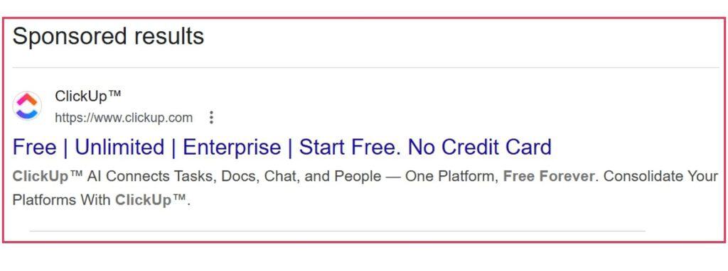 Ad copywriting sample from ClickUp's Google Ads copy reading "Free | Unlimited | Enterprise"