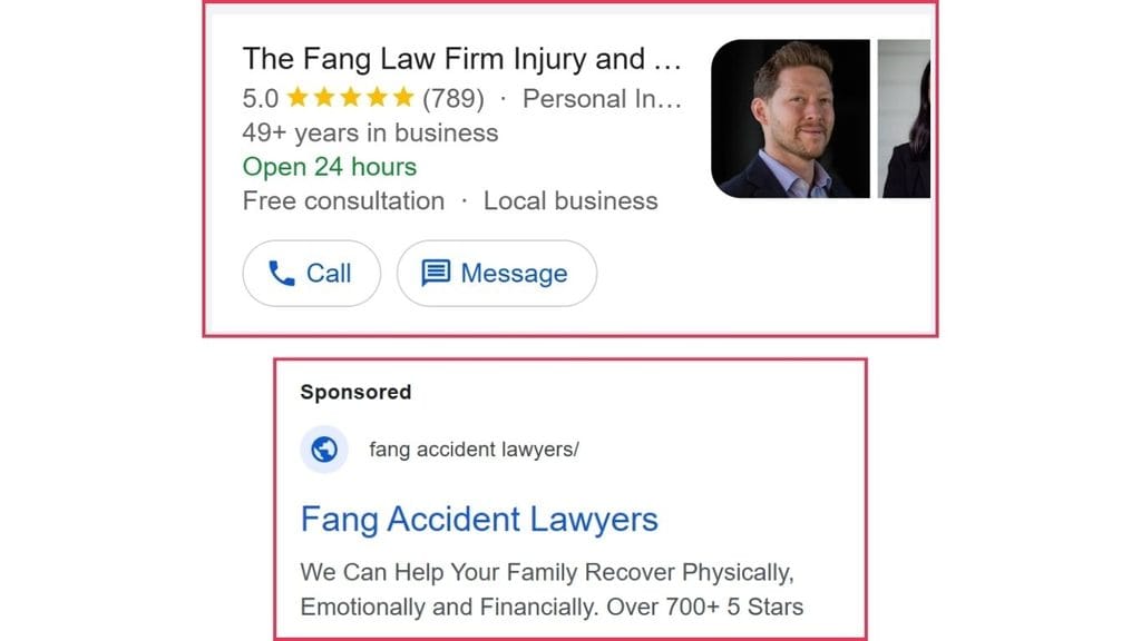 Ad copywriting sample from Fang Law Firm's Google Ads copy promoting personal injury recovery