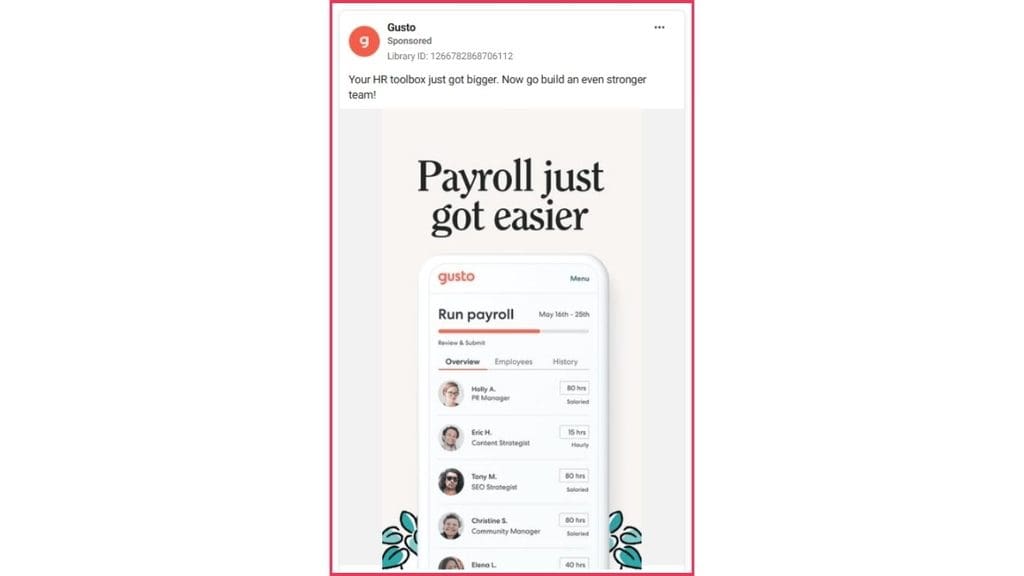Ad copywriting sample from Gusto's Facebook ad reading "Payroll just got easier" with app screenshot