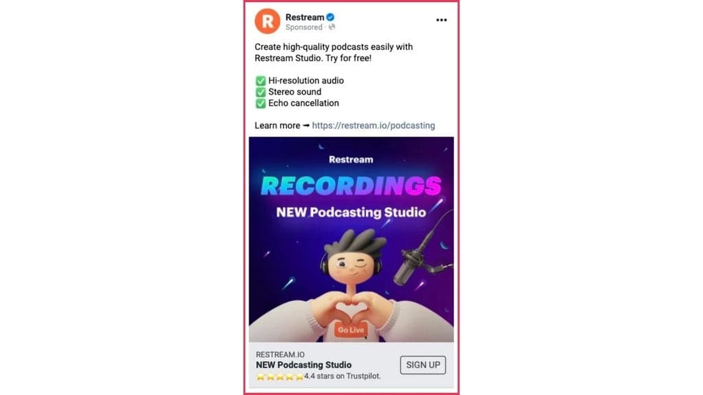 Ad copywriting sample from Restream's Facebook ad listing podcasting studio features and benefits