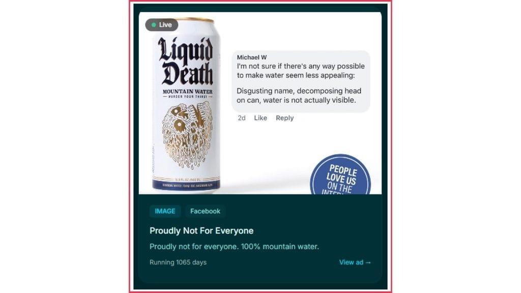 Ad copywriting sample from Liquid Death's ad using a negative customer comment as social proof