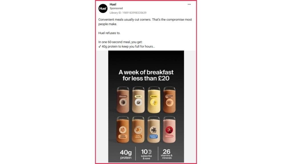 Ad copywriting sample from Huel's Facebook ad offering "A week of breakfast for less than £20"