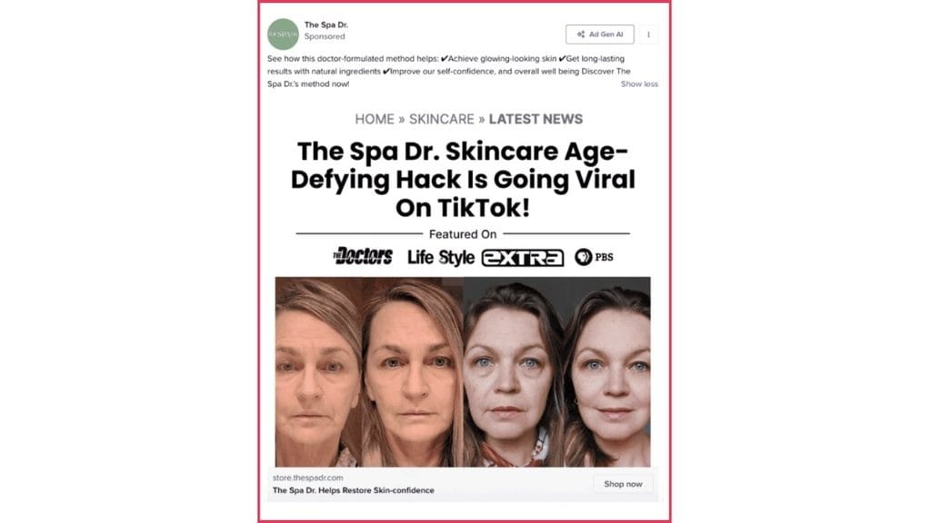 Ad copywriting sample from The Spa Dr.'s Facebook ad using before-and-after skincare photos
